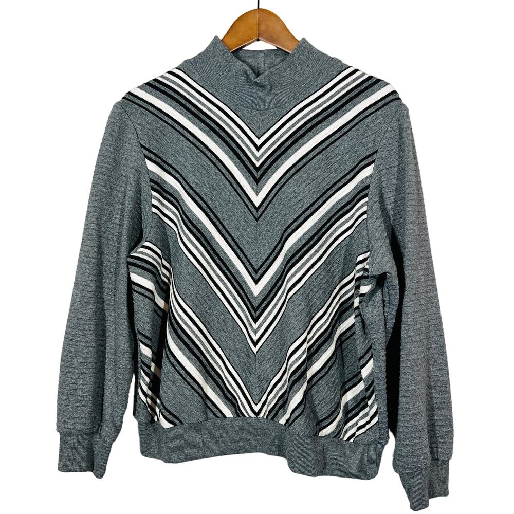 Alfred Dunner Ribbed V Knit Top Sweater Pullover Mock Neck Gray Stripe - PXL